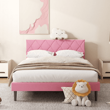 VIPLOV Full Size Bed Frame, Upholstered Platform Bed Frame with Button Tufted Headboard, Mattress Foundation, Wooden Slats Support,  Super Easy Assembly,Pink