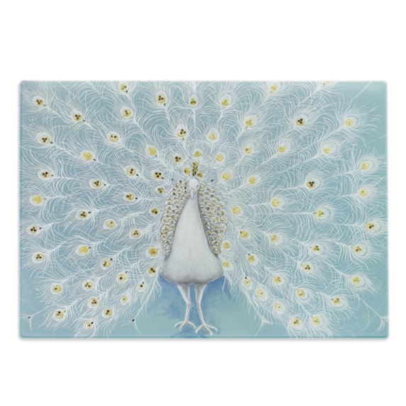 Peacock Cutting Board, Peacock Pattern on the Wall Nature Colorful Ornate Art Print, Decorative Tempered Glass Cutting and Serving Board, Large Size, Yellow Pale Blue, by Ambesonne