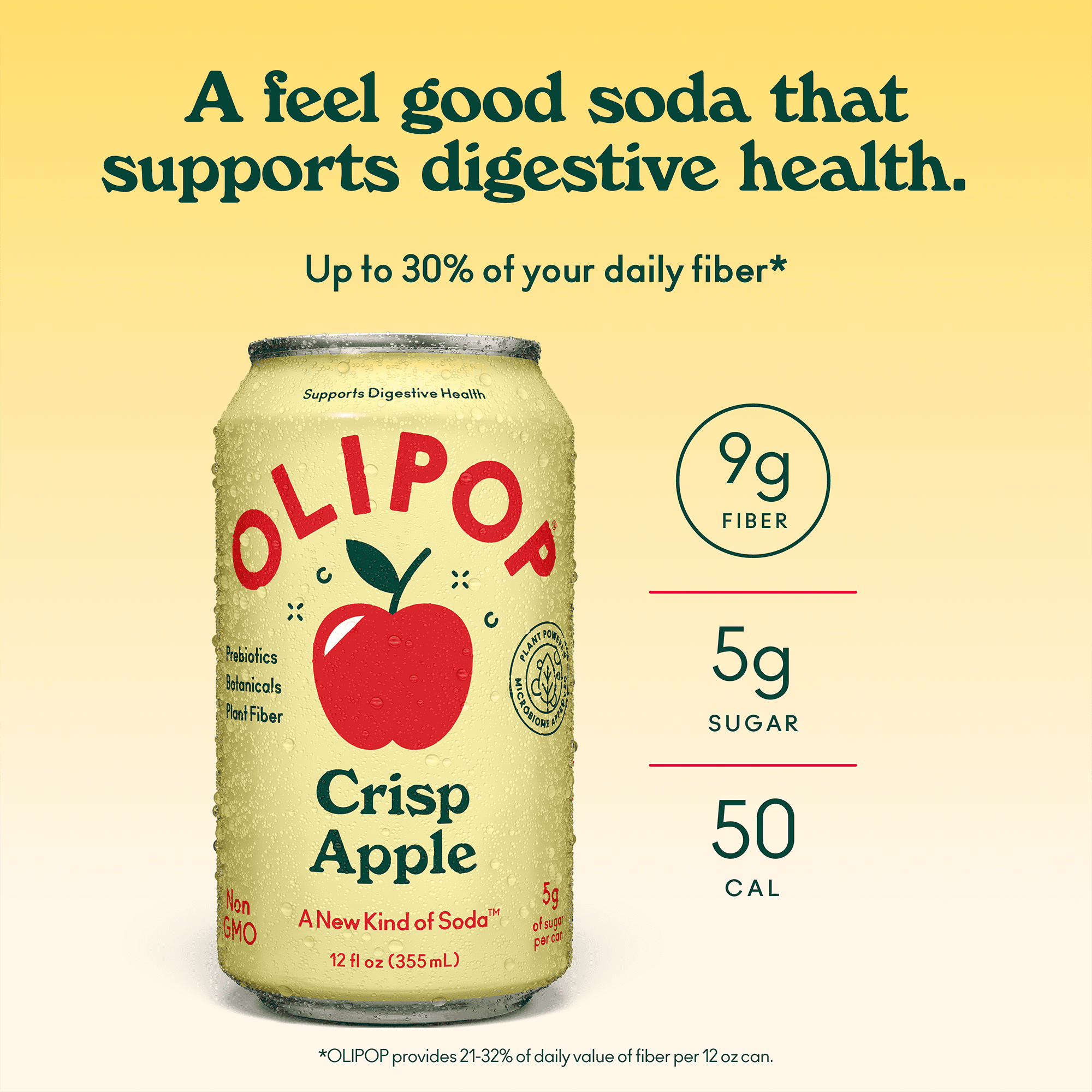 OLIPOP 9g Fiber Prebiotic Soda, Crisp Apple, 12 fl oz, 12 Pack, Refrigerated