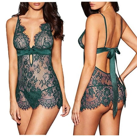 

Pajamas for Women Ahomtoey Cute Women Lingerie Thong Eyelash Lace Black Bow Temptation Babydoll Underwear V-Neck Night Dress Sleepwear Nightdress+T-String Family Gifts on Clearence