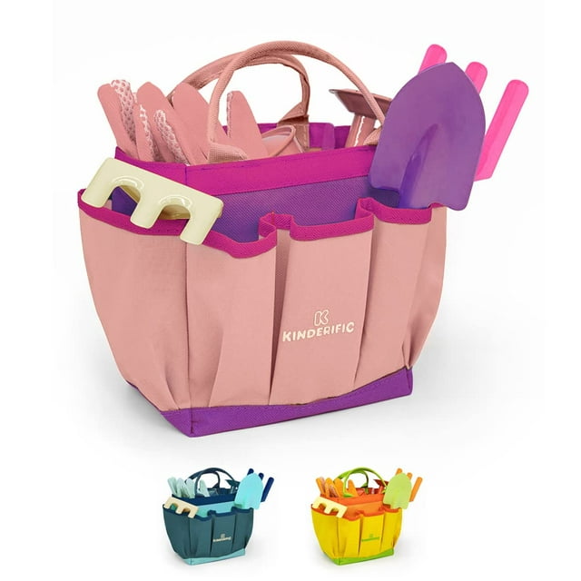 Kinderific Juego de herramientas de jardinería para niños STEM Incluye bolsa de mano, pala, regadera, rastrillo, tenedor, paleta y guantes (rosa)