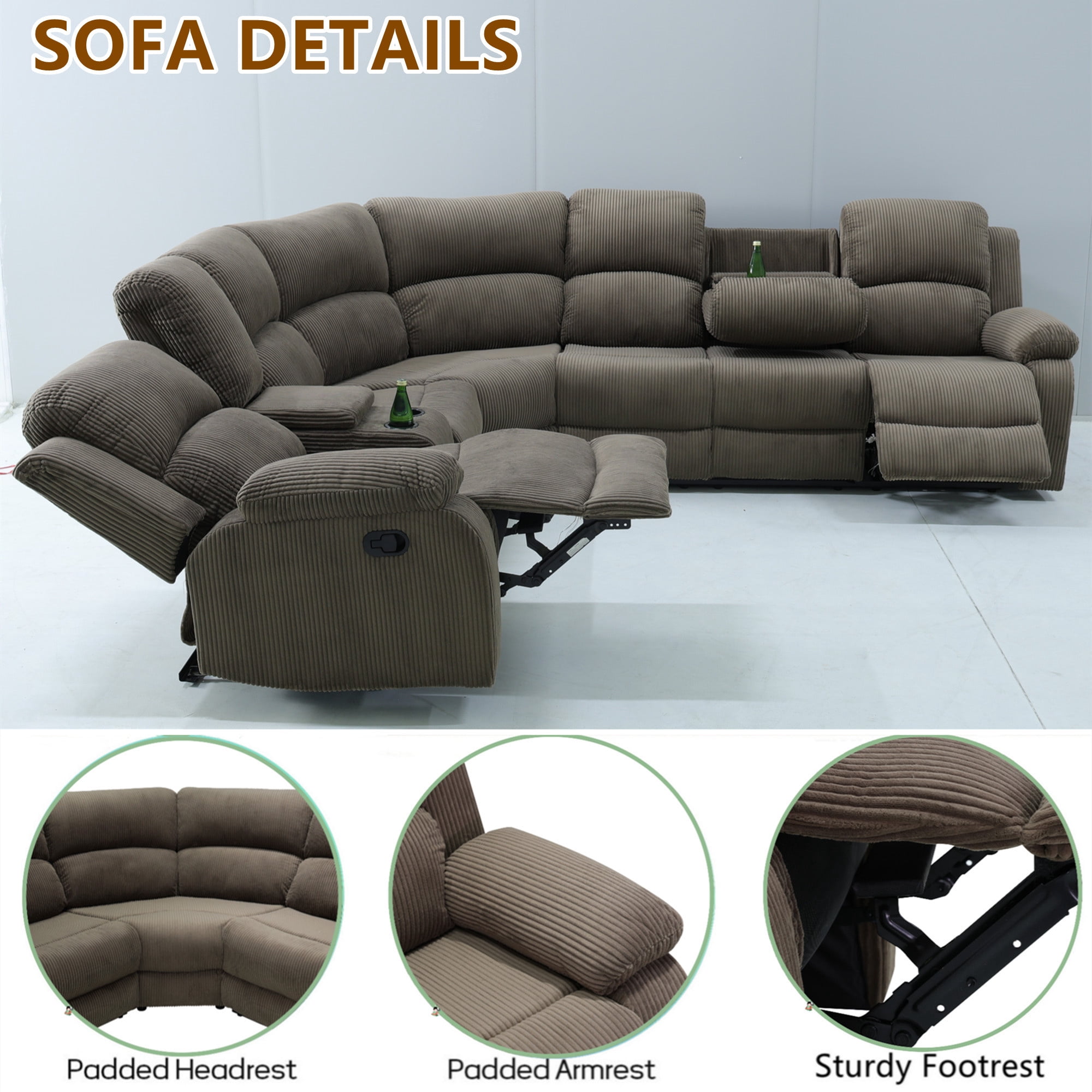 Aukfa 3-Piece Recliner Sofa Set, 6 Seat Sectional Couch with Cup Holders&Storage Console, Corduroy, Peanut
