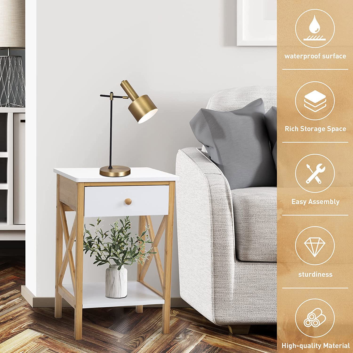 Private Jungle Single Modern Bamboo Nightstand,2-Tier Bed Sofa Side Table with Drawer and X-Side Shelf,White + Natural