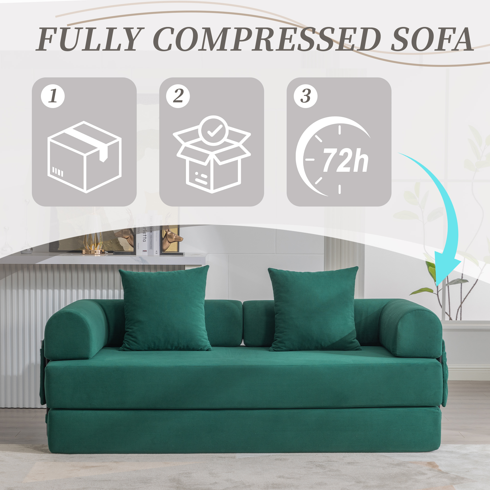 MOONMISS Corduroy Upholstered Modern Comfort Foldable Compressible Sofa Bed with Sturdy Metal Frame-Emerald