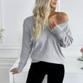 thumbnail image 3 of Women's Scoop V Neck Sweaters Solid Color Long Sleeve Lightweight Knitted Pullovers Casual Loose Fit Outfits Clothes, 3 of 4