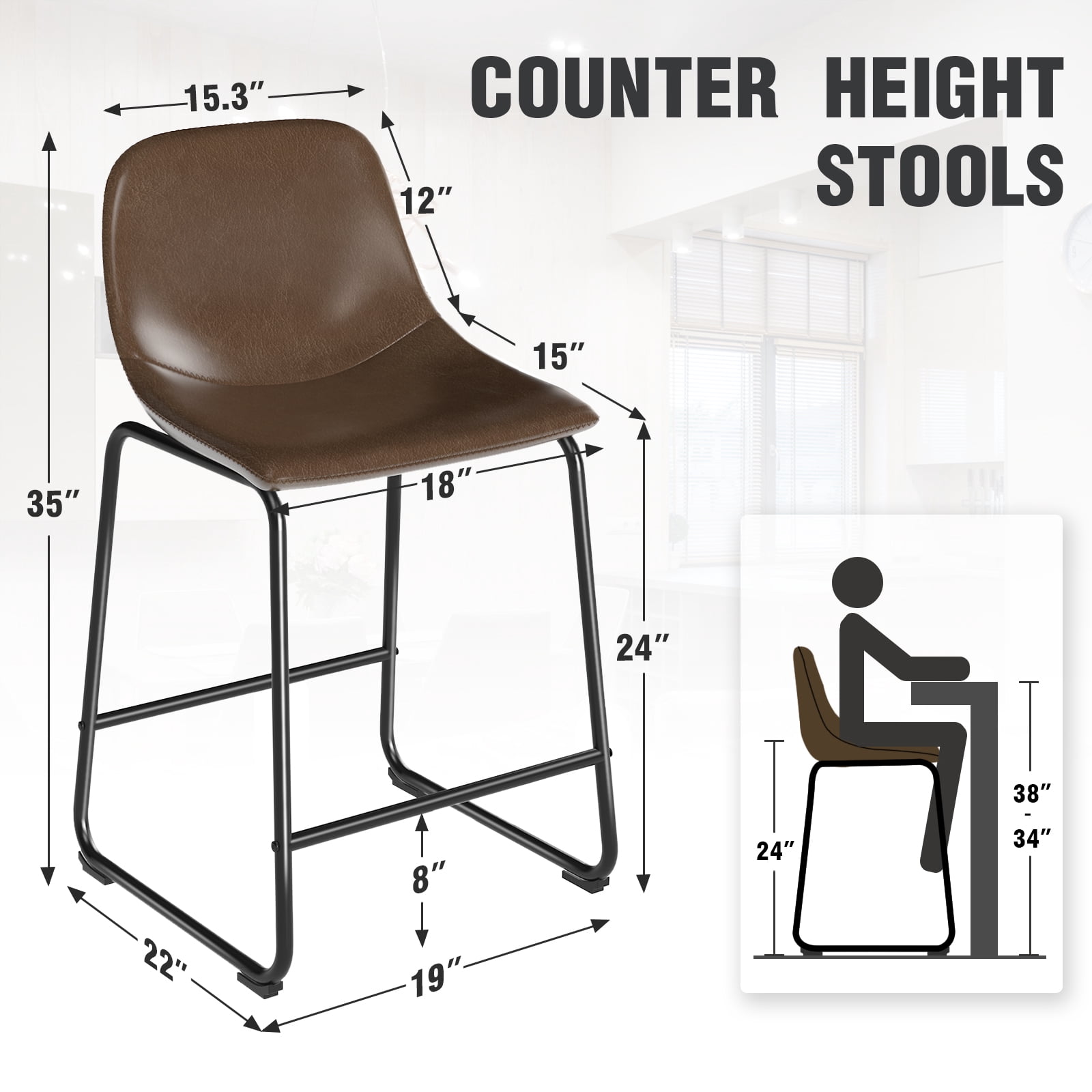 RTVR Counter Height Bar Stools Set of 3, Dining Chairs for Home Kitchen Island, Support 500 lbs,Counter Stool with Back, Modern Faux Leather Barstools with Metal Legs and Footrest,Brown