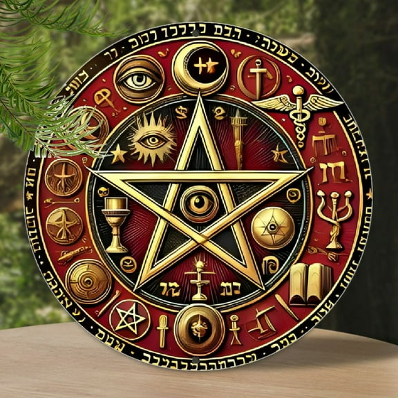 Vintage Pentagram 8x8 Inch Round Metal Wall Art - Aluminum Sign with Occult Symbols in Red & Golden, Perfect for Home, Office, Living Room, Bar, or Cafe Decor - Durable Indoor/Outdoor Gift, Metal Wall