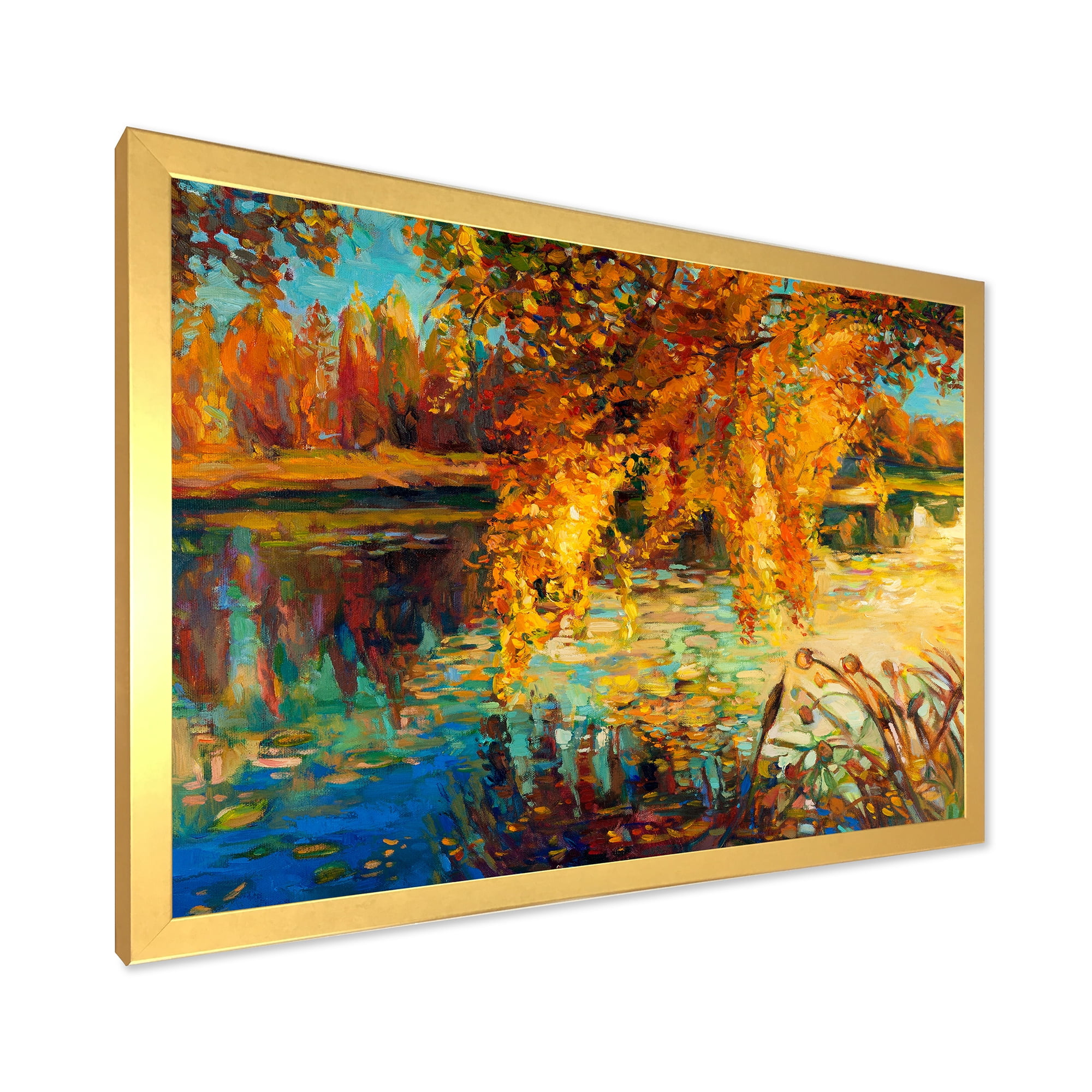 Designart 'Orange Autumn Forest Reflects On River' Lake House Framed Art Print