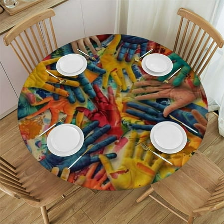

Ullo0ord Kids Hand Print Print Round Table Cover Fitted Tablecloth (Table Cover) for Home Kitchen Dining Room and Patio 54 -58