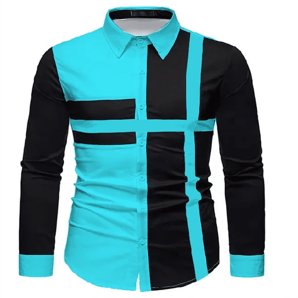 Camisa de hombre casual patchwork suave cómoda corte entallado solapa botón negro blanco para hombre talla grande