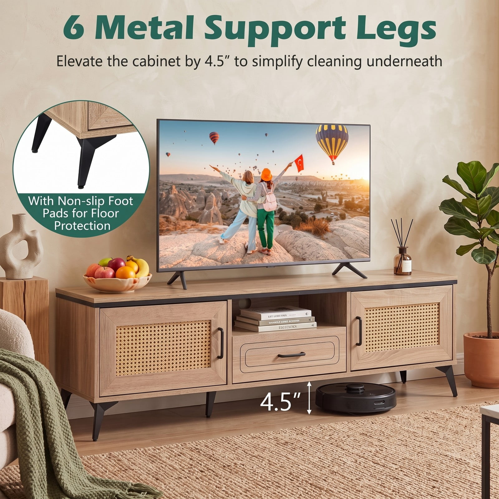 Furnibear Mid Century Modern Entertainment Center TV Stand for 65 Inch TV with 2 Cabinets, Storage Drawer and Cable Management, Faux Rattan Media Console with, Oak