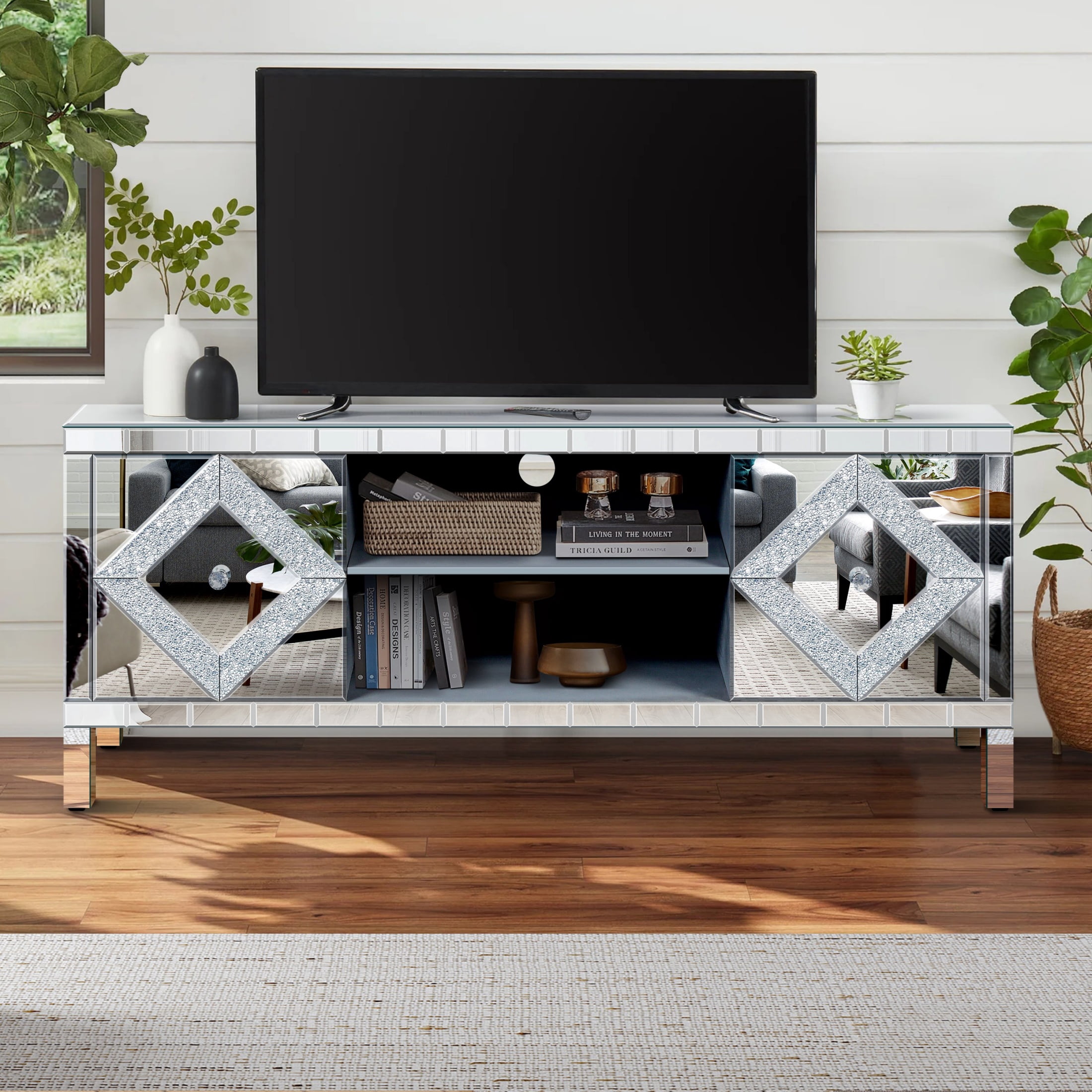 Atumcto Modern Mirrored TV Stand for 65in TV - Diamond Mirror Doors Media Console, Adjustable Storage, Wood Entertainment Center for Living Room, Silver
