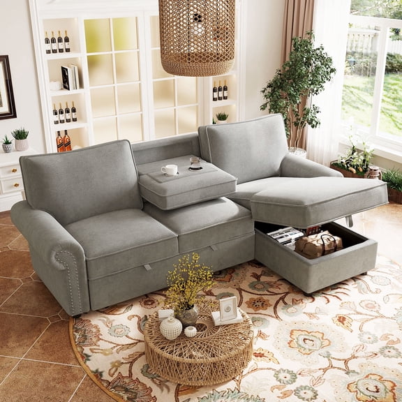 FIRSCOOK 95" Convertible Sectional Sleeper Sofa with Storage Chaise, L Shaped Pull Out Couch with USB Ports, Grey