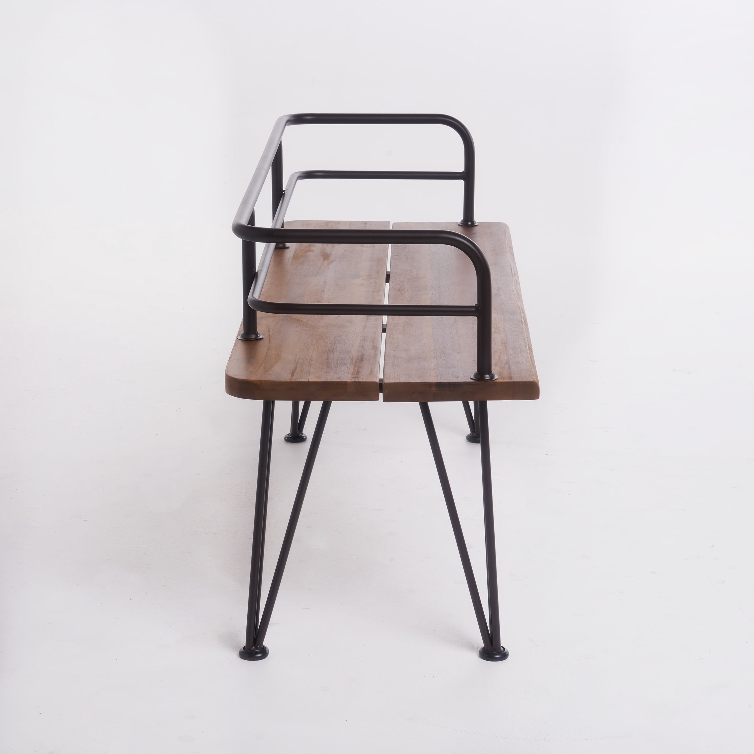 Euroco Rustic Acacia Wood Outdoor Bench with Powder-Coated Iron Frame, Patio Garden Seating