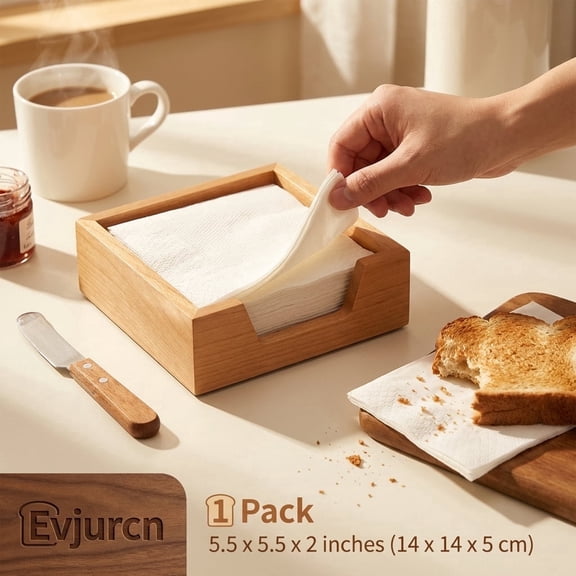 Evjurcn Wood Napkin Holder for Table Square Paper Napkin Dispenser with Side Large Opening for Home Kitchen Dining Tabletop Decor