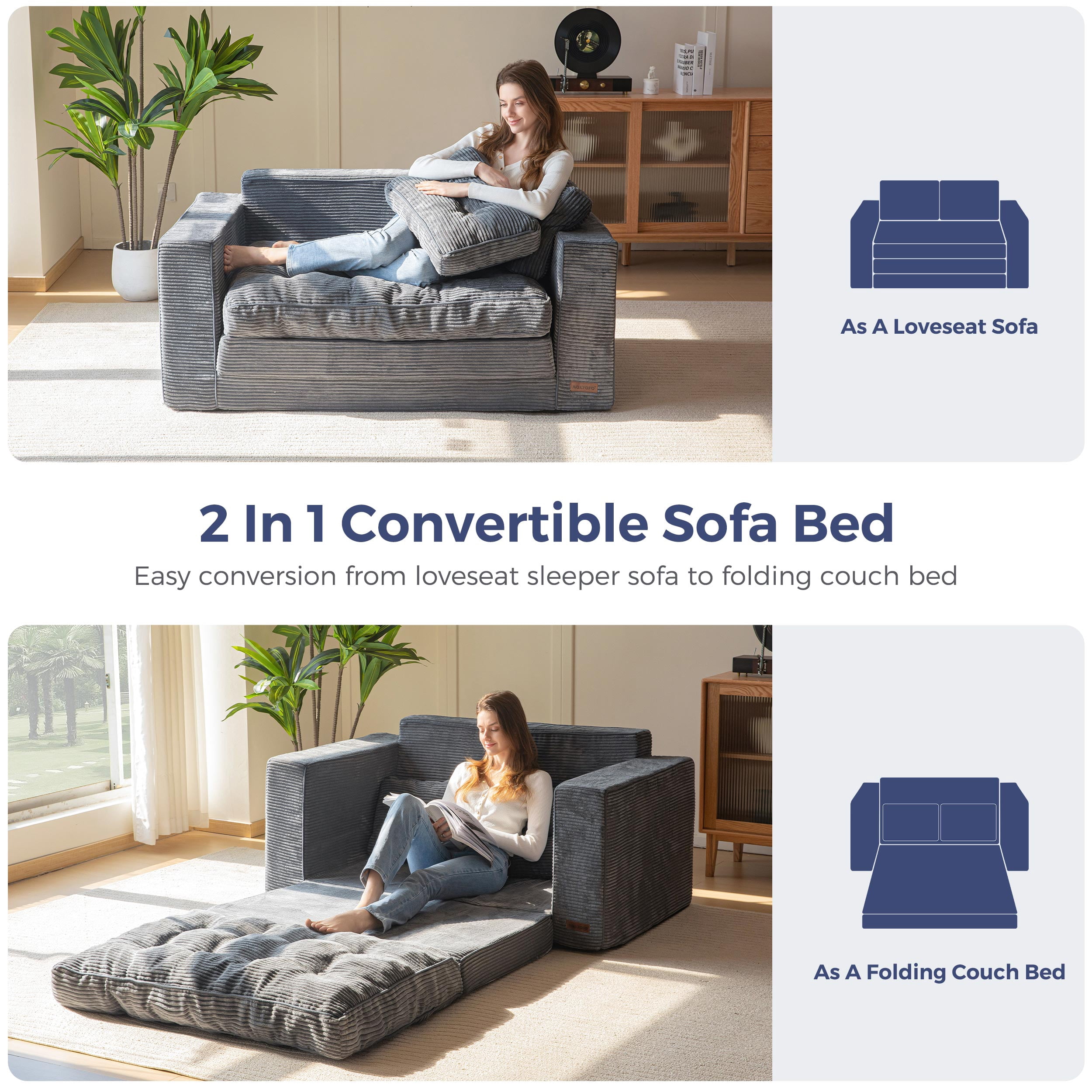 BYBYME Convertible Futon Sofa Bed,Pull Out Couch Beds Loveseat Sleeper,2 in 1 Folding Couch Bed with Pillows for Living Room Bedroom,Beige
