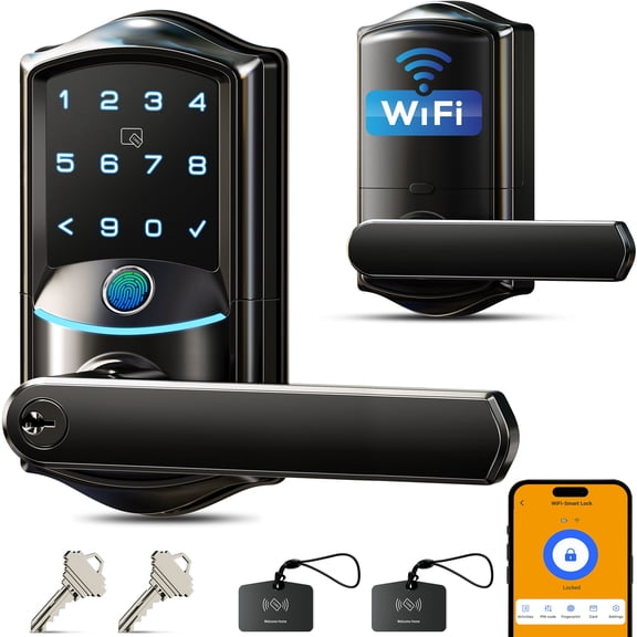 Veise Wifi Smart Lever Lock, Fingerprint Keyless Entry Door Lock with Handle, Remote App Control, Easy Installation, Matte Black