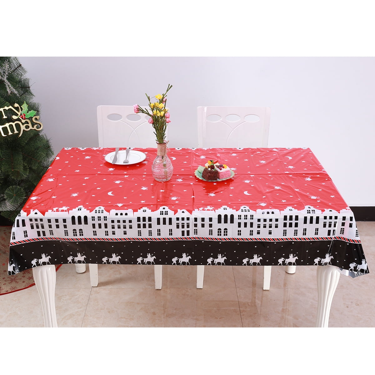 Christmas Tablecloth,Christmas Themed Table Cloths PVC Easy Wipe Clean