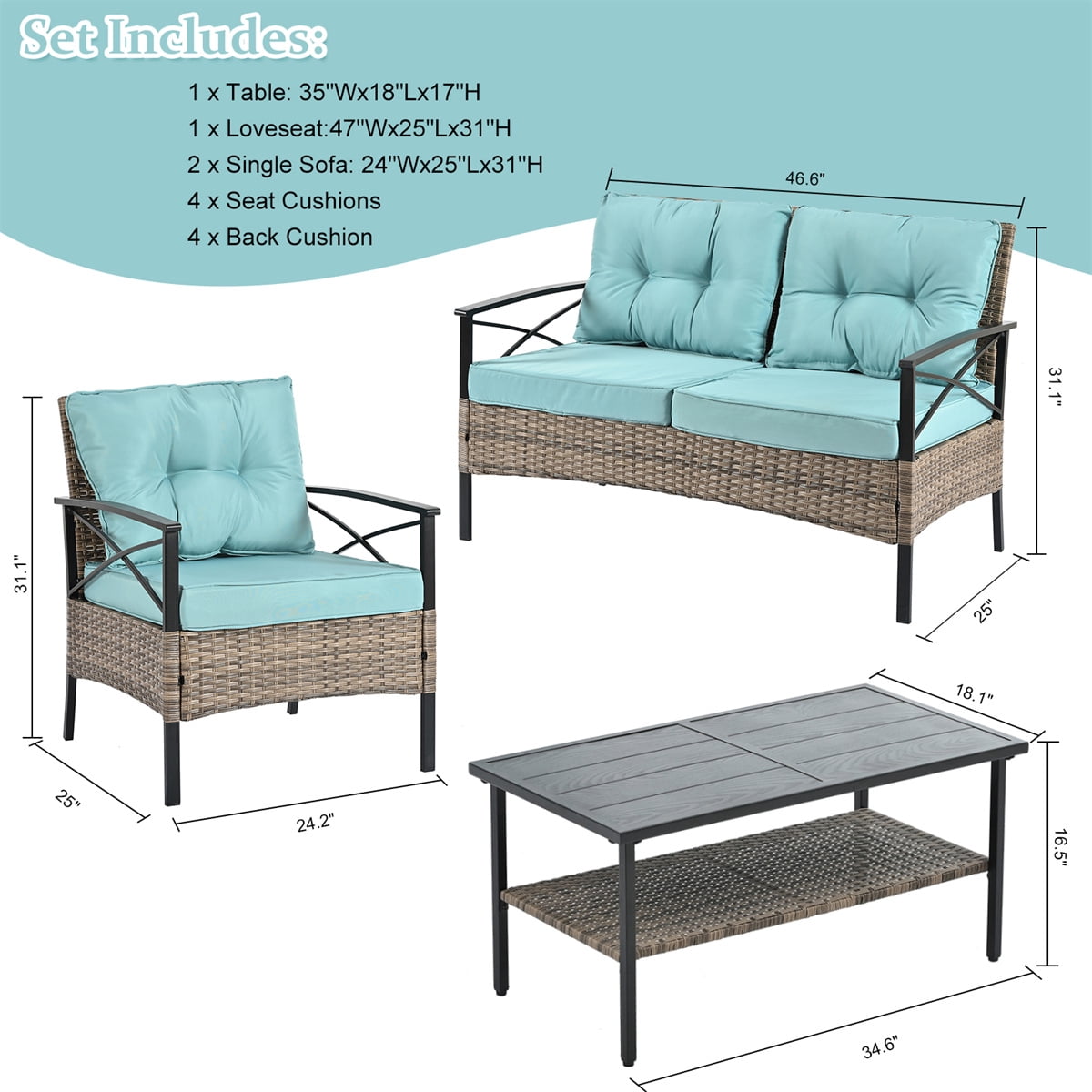 HighSound Patio Furniture Set, 4 Piece Outdoor Patio Conversation Set, All-Weather PE Rattan Wicker Sectional Patio Sofa Set with Coffee Table, Light Blue Cushions