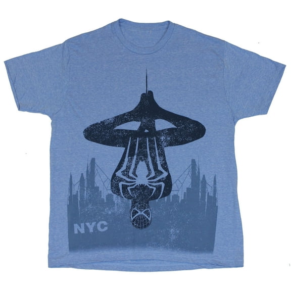 Spider-Man (Marvel Comics) Mens T-Shirt - Stylized NYC Upside Down Blue Spidey (Small)