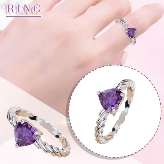 TIHLMK Womens Ring Alloy Heart-shaped Love Pattern Purple Zircon Ring Jewelry Female