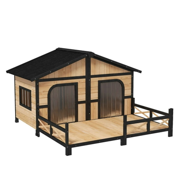 Wooden Dog House Large Outdoor, 59"x64"x39" Elevated Dog Kennel with Porch - Rustic Log Cabin Style Pet Shelter for Small Medium Dogs up to 33lbs