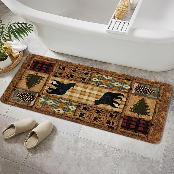 Bear Bathroom Rugs, Farmhouse Country Antique Deer Moose Forest Vintage Wood Decor Non Slip Bath Mats,Hunting Camping Bath Rug Sets for Bathroom Bedroom Kitchen Outdoor Indoor 16X24 Inch, Brown