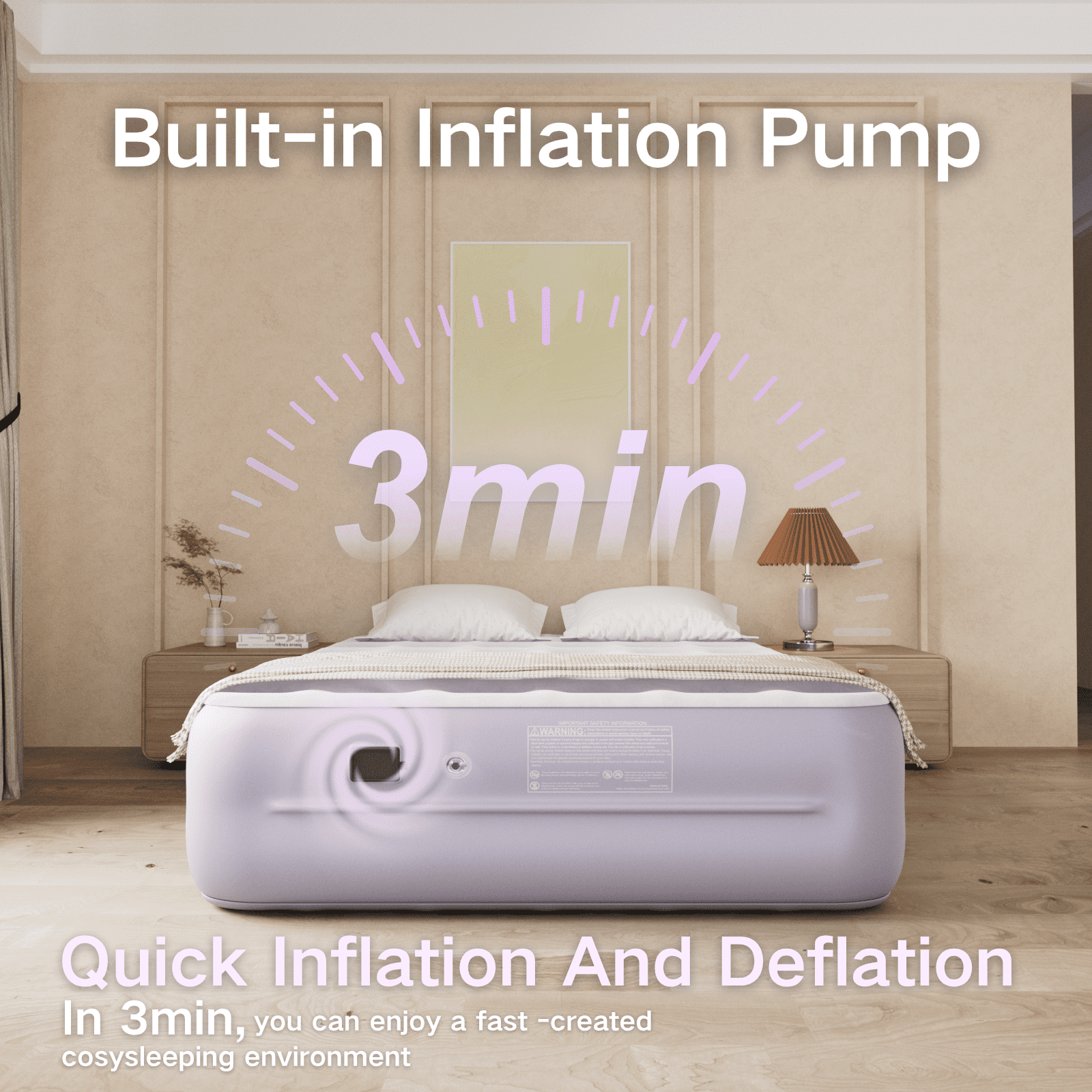 Luxury Queen Air Mattress with Built-In Battery Pump,Heavy-Duty Waterproof Veltex Surface for Indoor/Outdoor Use,Portable Inflatable Camping Bed & Guest Bed(Lavender Purple)
