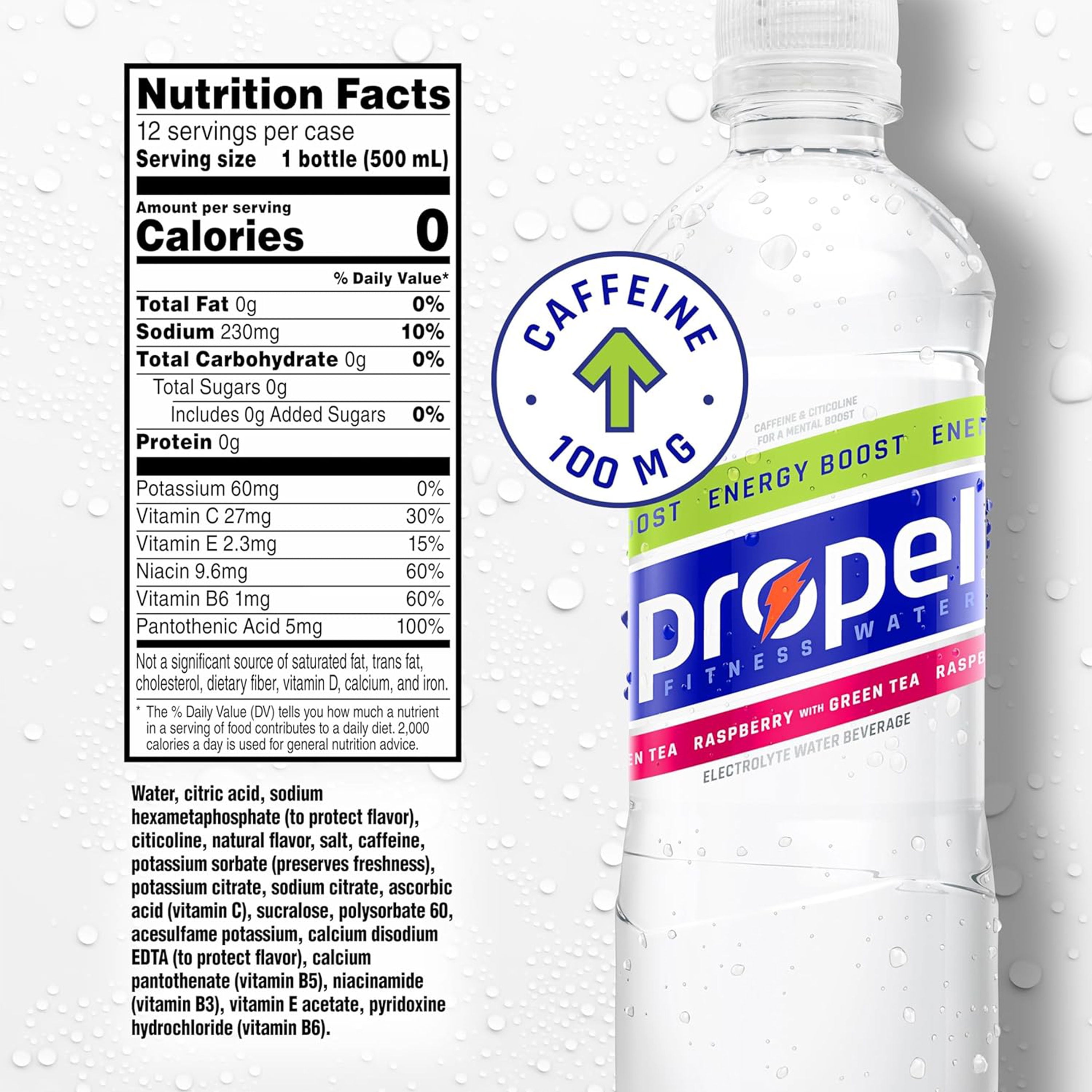 Propel Energy Boost Electrolyte Water Beverage, Raspberry with Green Tea 16.9 fl oz, 12 Ct.