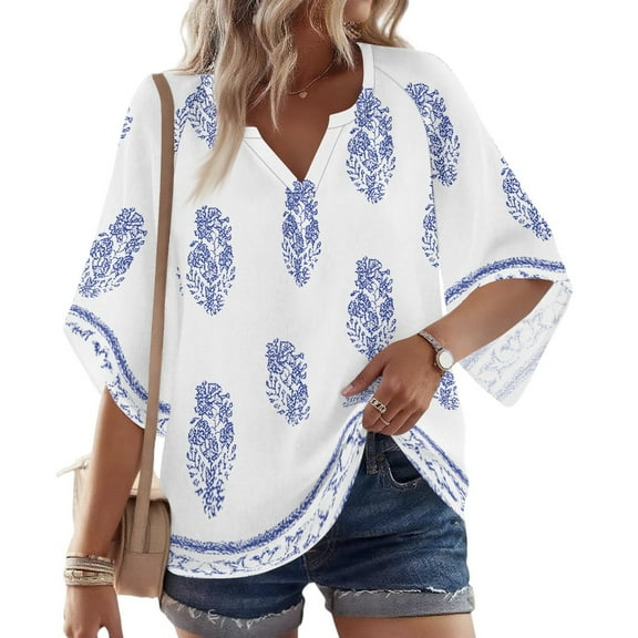 ChicHaven Women Blouses Dressy Casual 3/4 Sleeve Dressy Shirts Summer Fall V Neck Paisley Print Work Tops for Women Plus Size Tunics or Tops to Wear with Leggings Hide Belly White XL