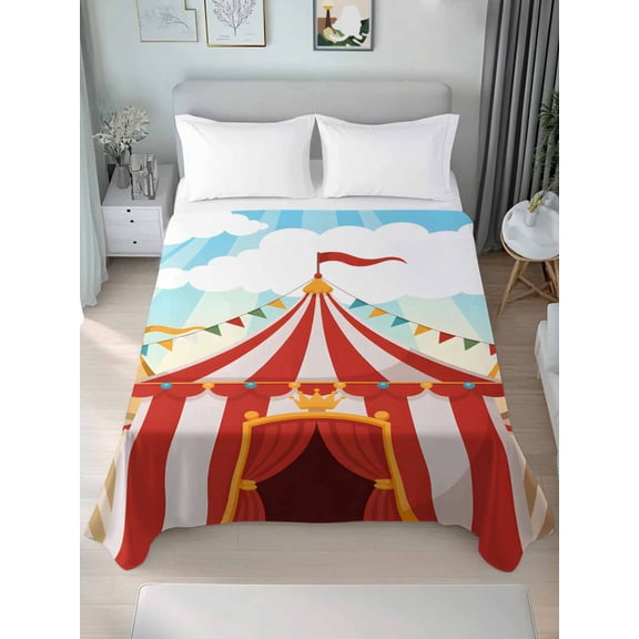 Cartoon House Full Size Flat Sheet, Wrinkleproof & Fadeproof Cooling Flat Bed Sheet Only, Funny Playground Blue Sky White Breathable Soft Bedding Top Sheets 81 x 96 Inches