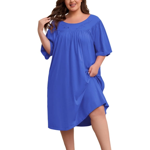 FEREMO 100% Cotton Nightgowns for Plus Size Women Pleated Soft Sleepwear with Pockets