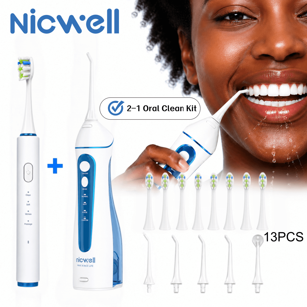 NICWELL 2-in-1 Electric Toothbrush and Water Flosser Combo, Sonic Toothbrush & Cordless Oral Irrigator Kit with 4 Modes, 13pcs Dental Care Set, Rechargeable Teeth Cleaning System for Adults