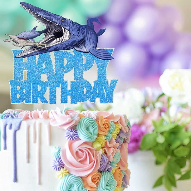 Htooq Happy Birthday Cake Topper Shark Blue Glitter The Sea Ocean Fish Theme Decorations Baby Shower Boy Girl Birthday Party Decor Supplies - - Other