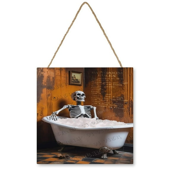 Skeleton in Bathtub Wooden Hanging Sign Gothic Room Decor All Saints' Day Decor Halloween Decoration Horror Skeleton Wall Decor, Walls Hanging Decor 12"x12"