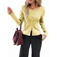 thumbnail image 3 of Women'S Vacation Button Cardigan Long Sleeve Knit Top Business Casual Round Neck Slim Fit Jacket Shirt Light Yellow L, 3 of 8