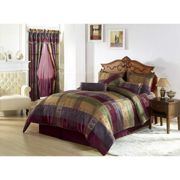 Chezmoi Collection 7 Pieces Multi Color Gitano Jacquard Patchwork Comforter Set California/Cal King Size