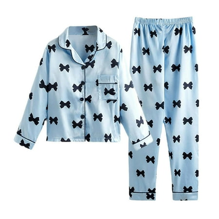 

Godderr Toddler Sleepwear Outfits for 2PCS Kids Silk Pajamas Set for 6-14Y Button-Down Short Sleeve Sleepwear Spring Autumn Printing V-Neck Homewear