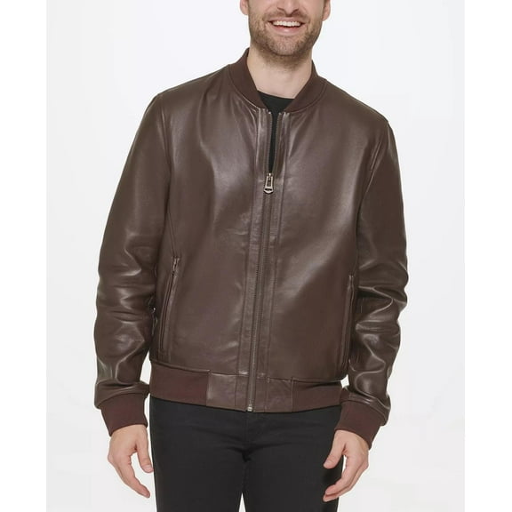 Cole Haan Men's Leather Varsity Jacket Java Brown Large