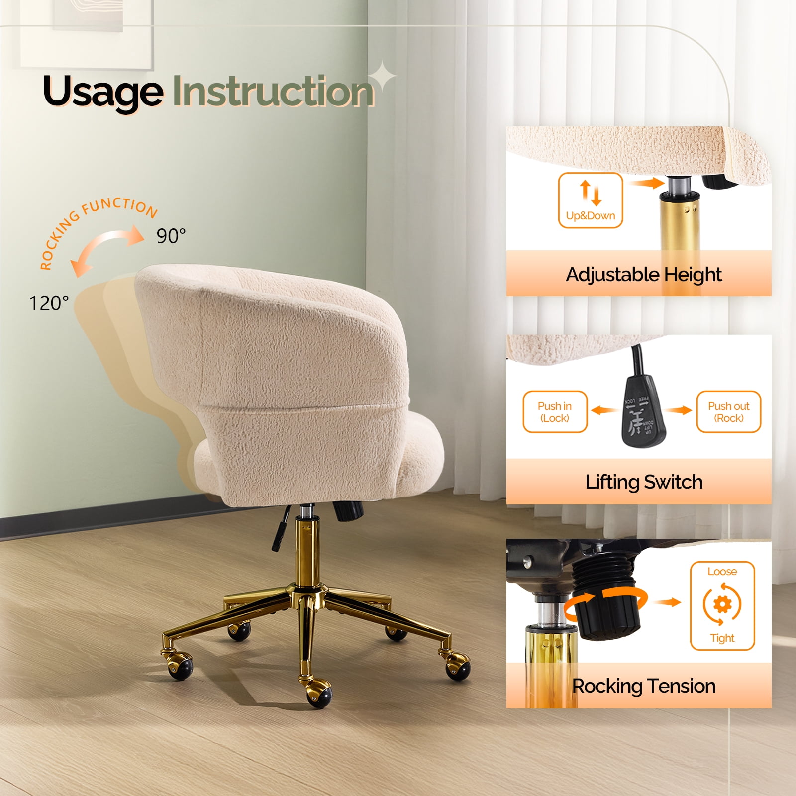 Ktaxon Flannel Accent Chair Multi-Use Makeup Desk Chair with 360 Swivel Adjustable Height for Bedroom Office Dorm Beige