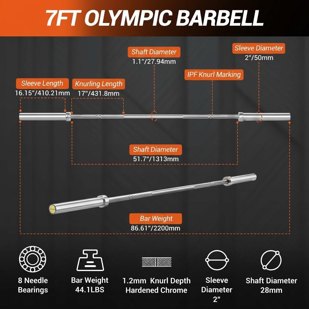 GARVEE 7ft Olympic Barbell,Weight Bar for Weightlifting and Powerlifting 45lb,1000LB High-Capacity,Silver