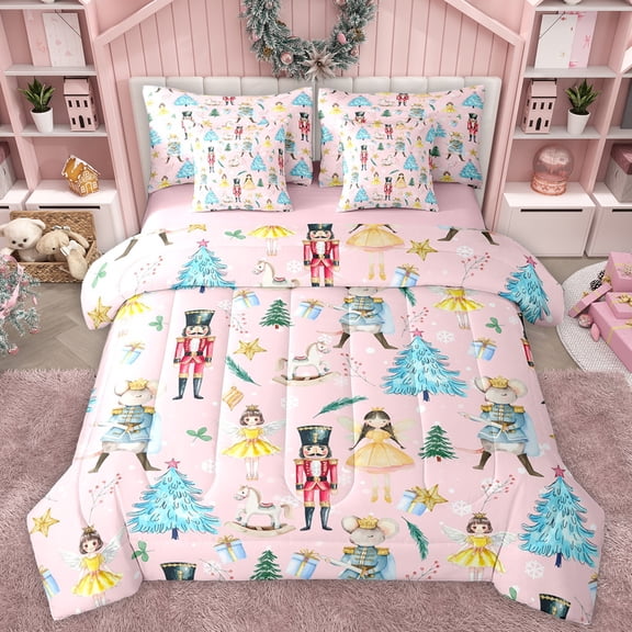 Manfei Cartoon Xmas Nutcracker Twin Bedding Sets 7-Piece for Kids, Princess Fairy Elf Bedding Comforter Set, Cute Christmas Tree Reversible Sheet Sets, Microfiber Bedroom Decor