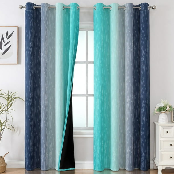 Cortinas Estelar Textiler 132 x 260 cm, azul marino, verde azulado y degradado