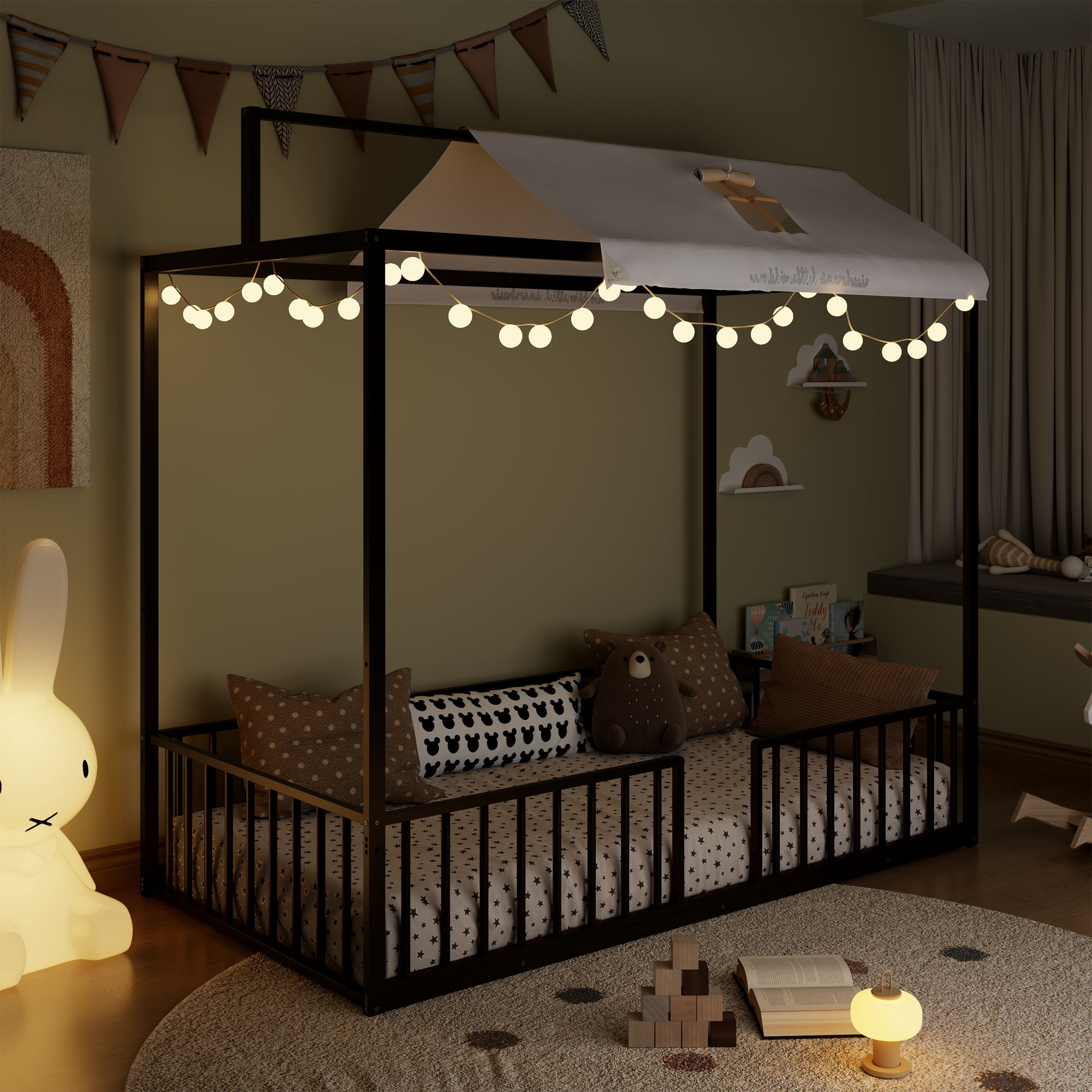 Euroco 3-in-1 Convertible Montessori Metal Bed, Toddler Bed, Floor Bed, Platform Bed,Modern Minimalist Design Canopy Bed Flame, Easy Assembly, Twin Size, Black