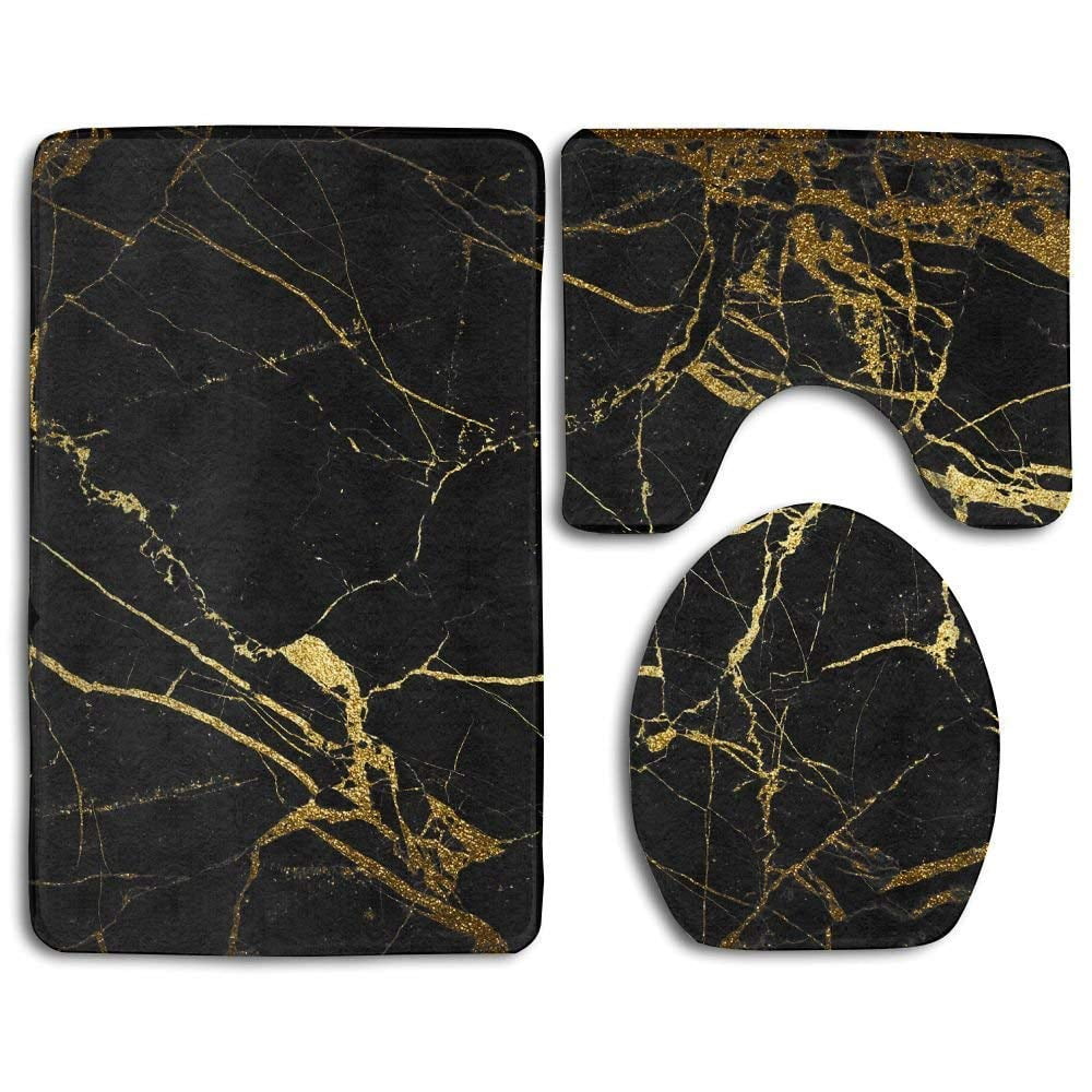 PUDMAD Black Gold Marble 3 Piece Bathroom Rugs Set Bath Rug Contour Mat
