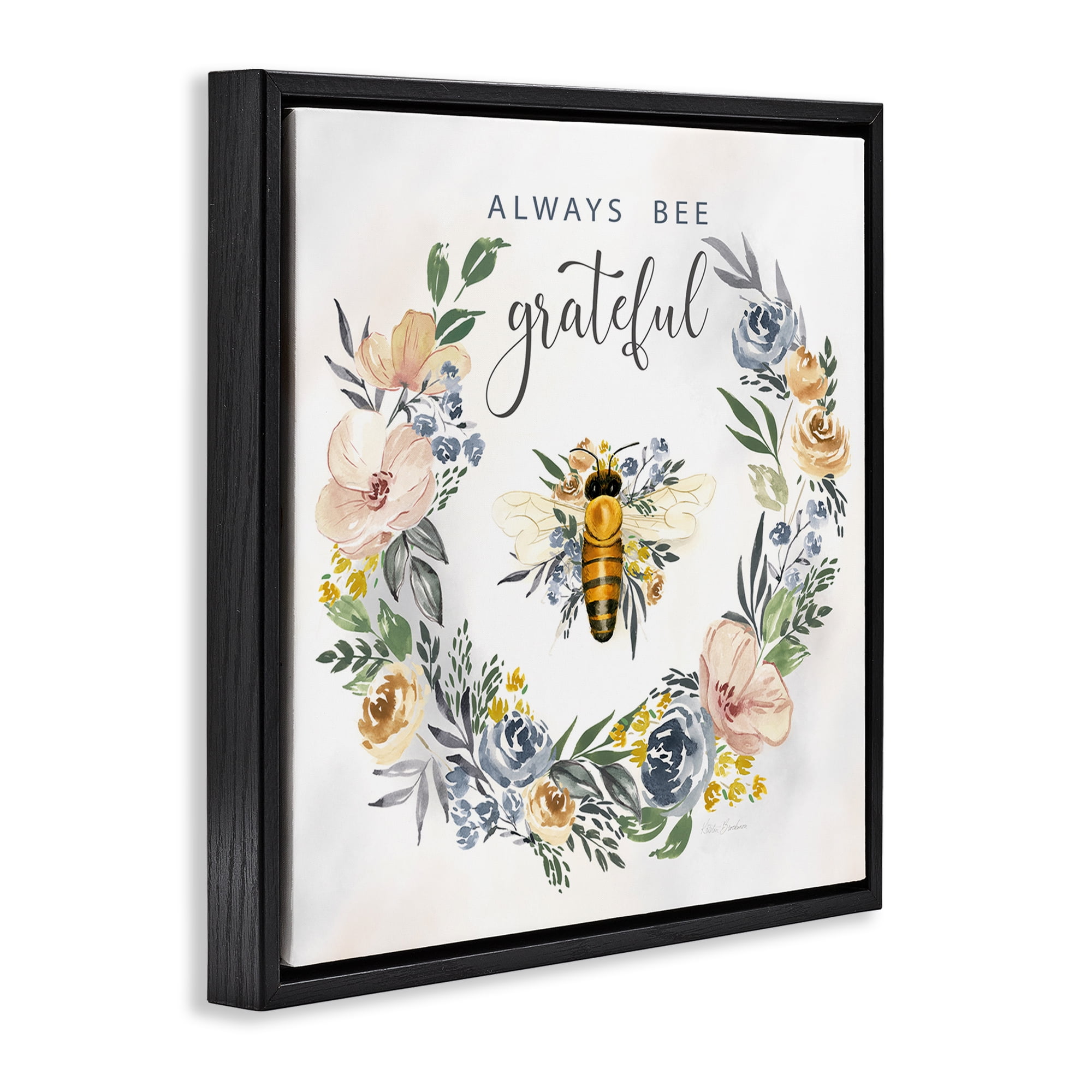 Stupell Industries Country Bee Grateful Botanical & Floral Painting Black Floater Framed Canvas Art Print Wall Art, 18 x 18