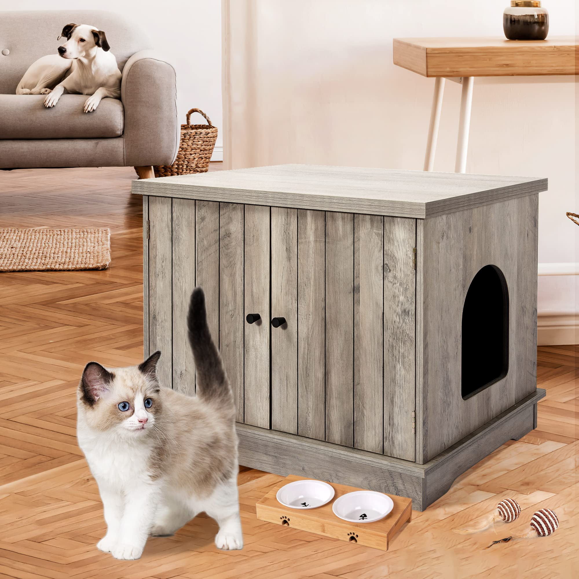 Cat Litter Box Enclosure with Metal Frame, Privacy Cat Washroom Bench