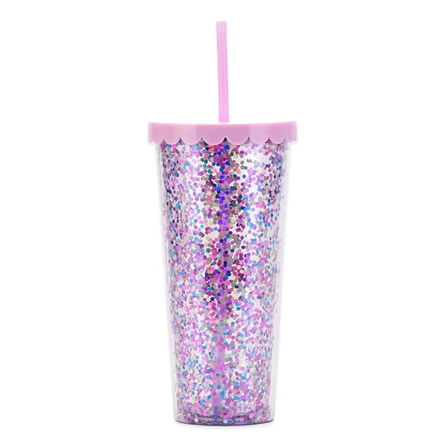 Vaso de plástico de doble capa de 700 ml, vaso de pajita con purpurina y lentejuelas transparentes simples, vaso de agua de gran capacidad