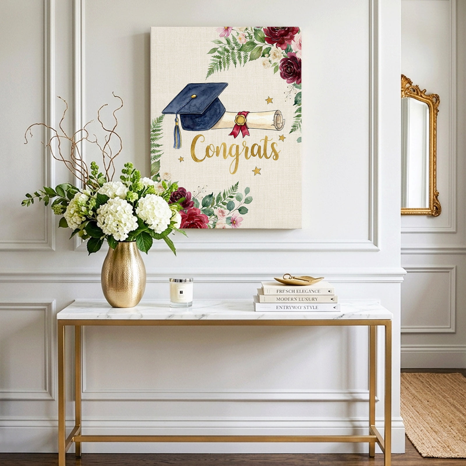 Graduate Season Canvas Wall Art for Living Room, Congrats Grad Bachelor's Cap Flower Leaf Star Wall Decor Framed Artwork Pictures Ready to Hang for Bedroom Office Home Decor