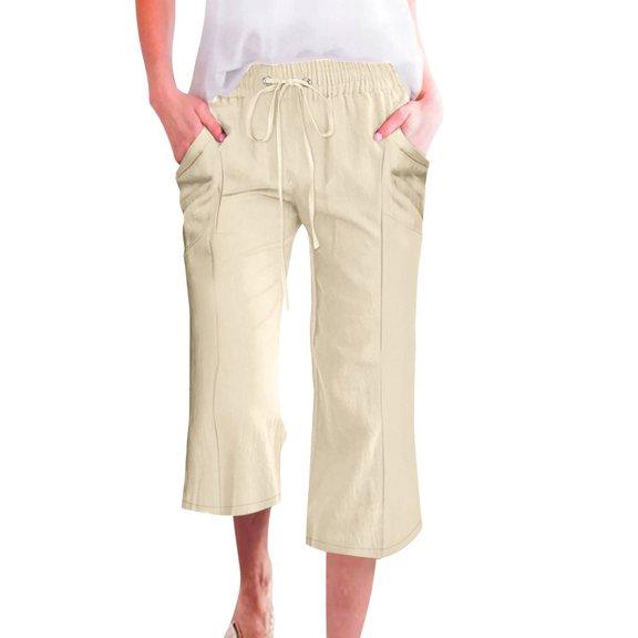 TRUBKH Cotton Linen Pants Gaucho Pant Boho Bottoms Paperbag Pant Palazzo Pants Pull On Pants Beach Pants for Women Palazzo Pants Plain Drawstring Trousers Flowy Gauze Comfort Resort Wear Beige L